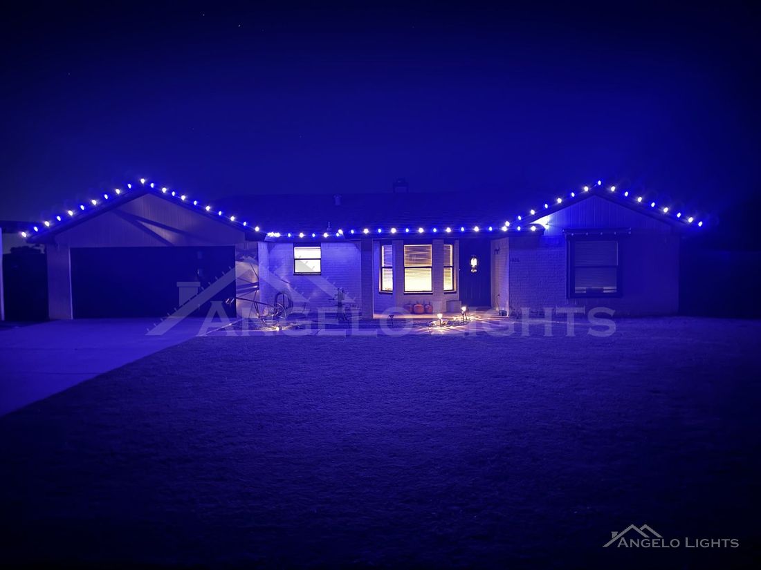 Home outlined in blue permanent lights