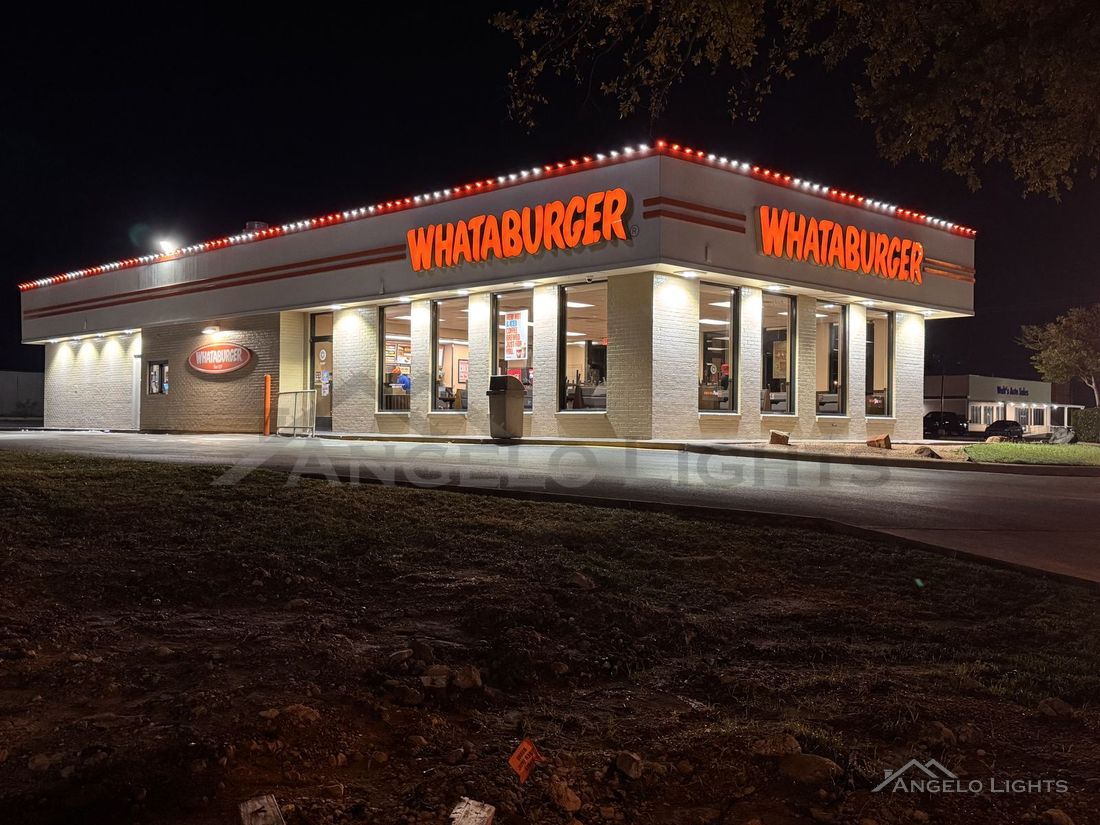 Restaurant storefront with permanent roofline lighting