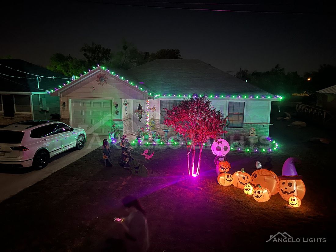 Permanent lights set to green and purple for Halloween